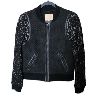 Rebecca Taylor Size 8 Black Quilted Lace Sleeve Bomber Jacket